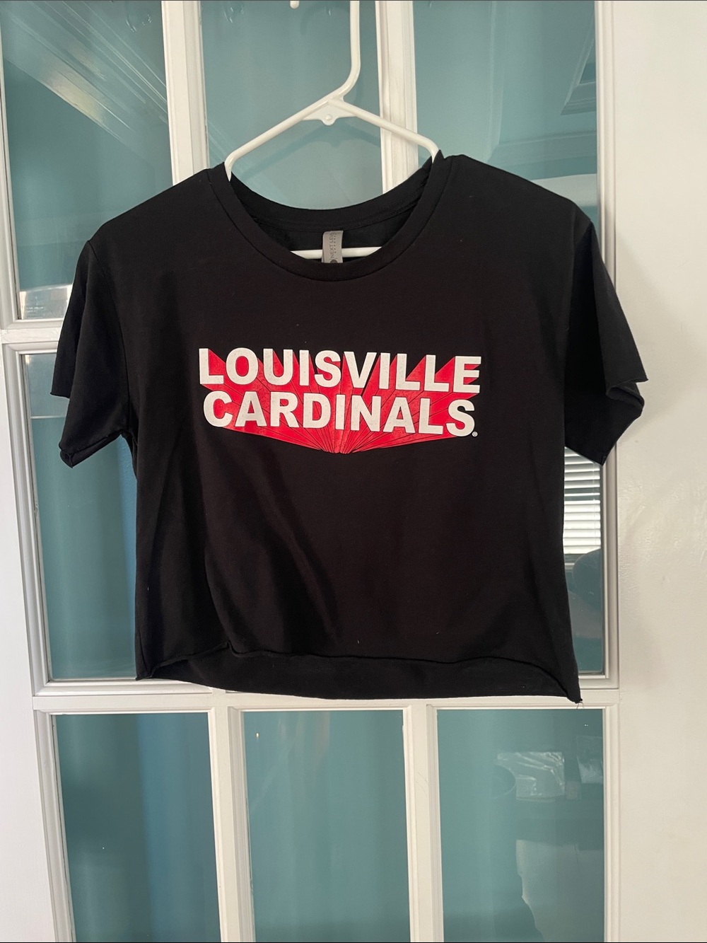 Next Level Apparel Black Crop Top with Red and White Louisville Cardinals Logo
